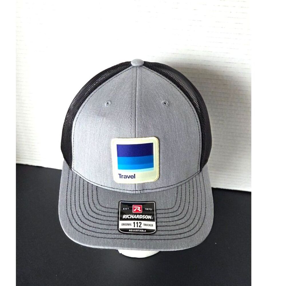 Richardson 112 Trucker Hat Snapback Cap Grey Black "Travel" Patch Unisex OSFM